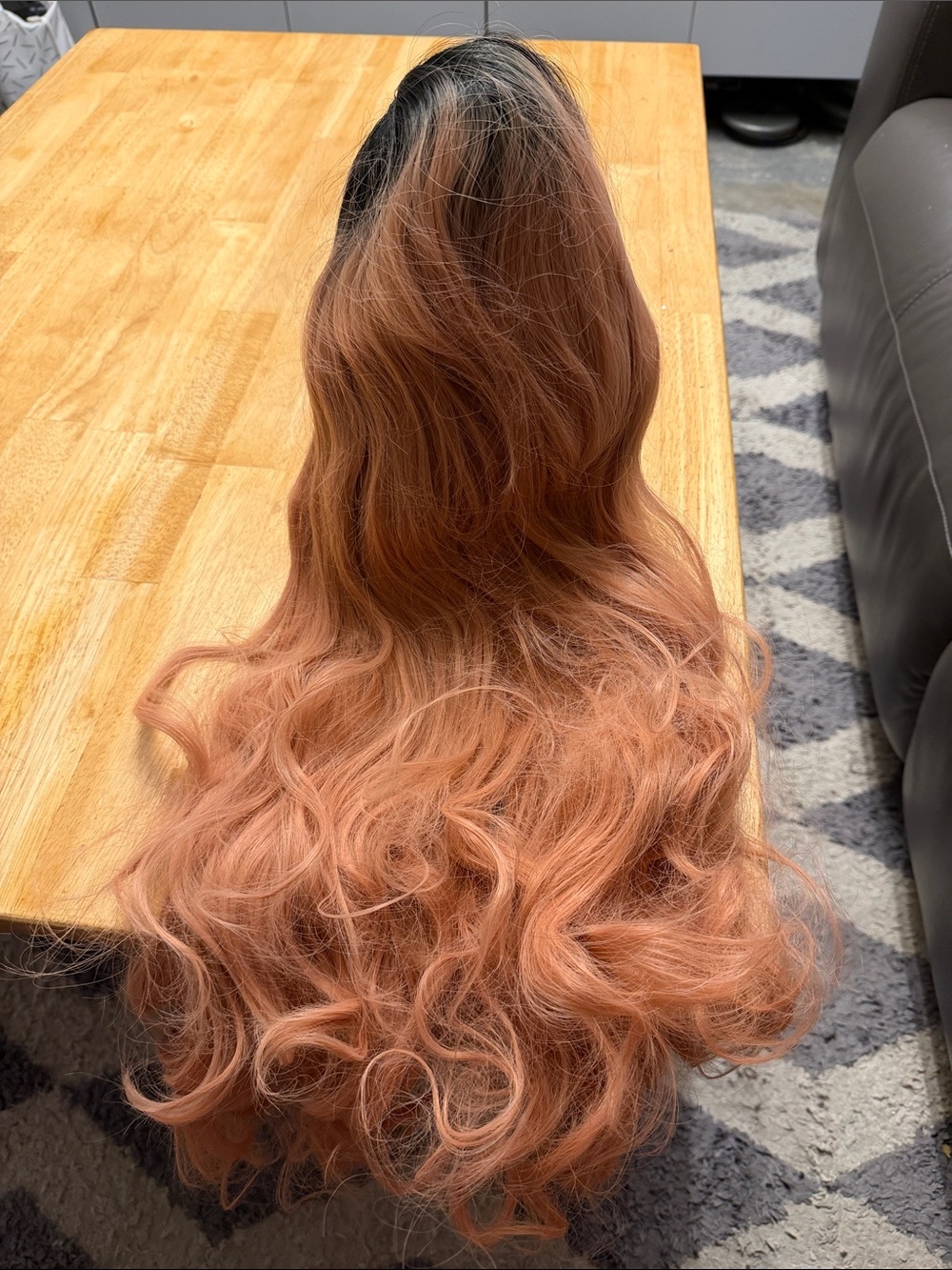Long Wavy Ombre Wig in Rose Gold with Dark Roots — Soft Synthetic Hair